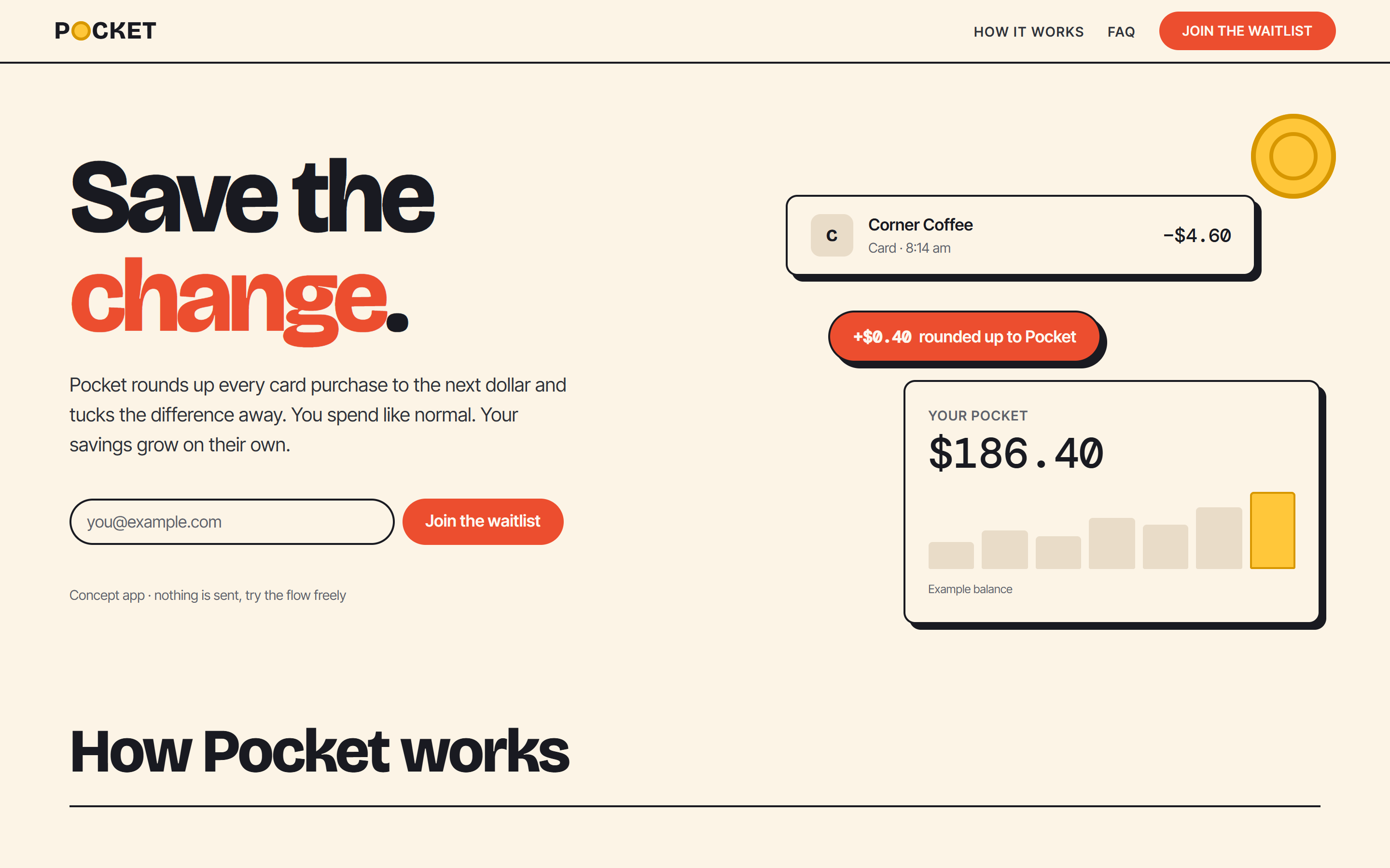 Hero with the waitlist form and CSS-built product cards.