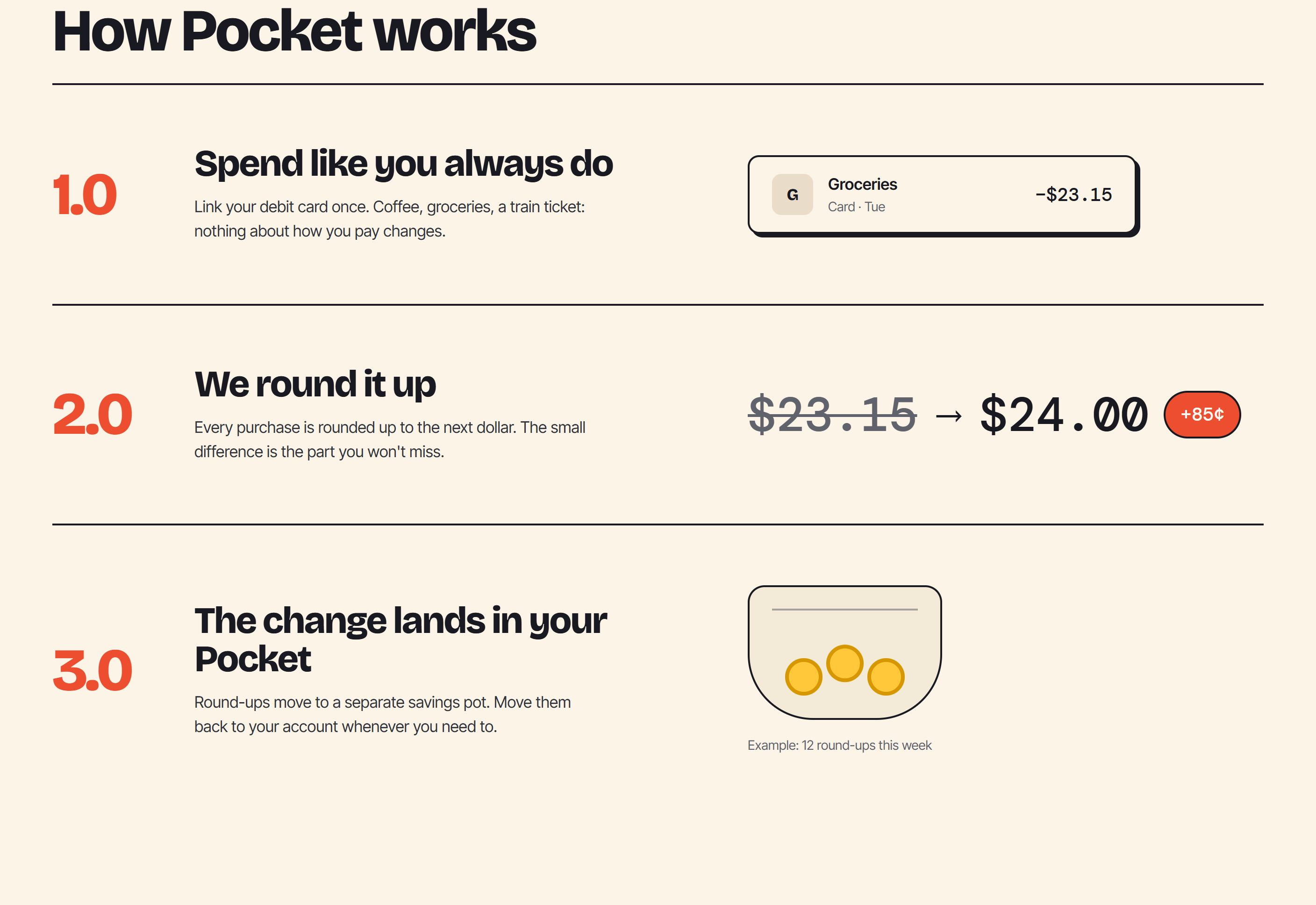 How it works: spend, round up, pocket, recap.